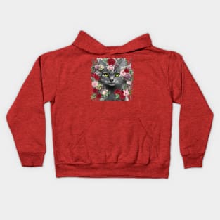 Beautiful Floral Gray Cat Kids Hoodie